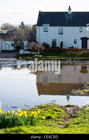 Flood water from River Spey surrounds property in Garmouth, Scotland in April 2010 due to heavy snow melt. Stock Photo