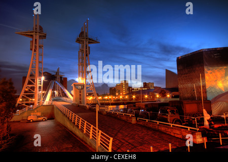 Lowry Salford Quays Millennium Lift Footbridge at dusk Stock Photo