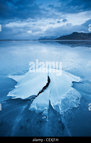Ice formation of frozen coast of Ytterpollen, Lofoten Islands, Norway Stock Photo