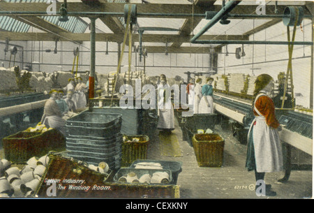 Postcard of the Winding Room in a cotton mill. circa 1905 Stock Photo