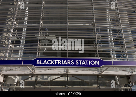 Entrance of the newly-finished Blackfriars mainline Station in the City of London. A larger and more accessible Blackfriars Underground station reopened for public service to accommodate more than 40,000 passengers every day. Stock Photo