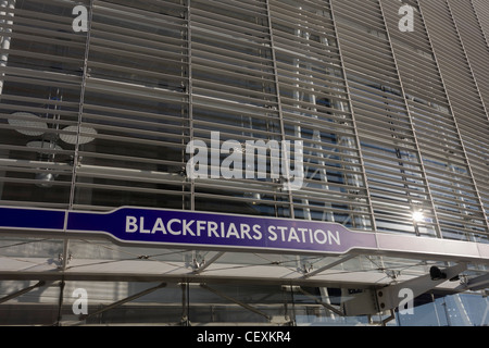 Entrance of the newly-finished Blackfriars mainline Station in the City of London. A larger and more accessible Blackfriars Underground station reopened for public service to accommodate more than 40,000 passengers every day. Stock Photo