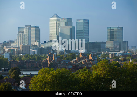 A view of Canary Wharf from Greenwich Park and the Royal Observatory Stock Photo