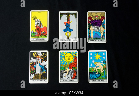 Six Tarot cards layed out in  Two rows and three columns Stock Photo