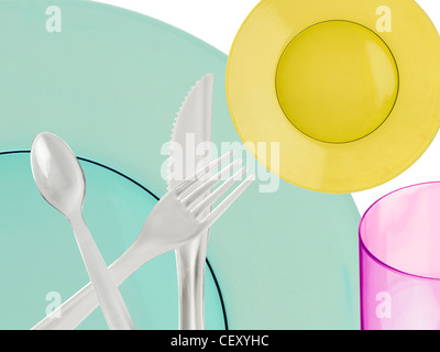 A still life shot of a a stack of plastic picnic utensils Stock Photo