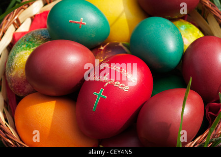 Easter eggs close-up, red egg with cross in the middle Stock Photo