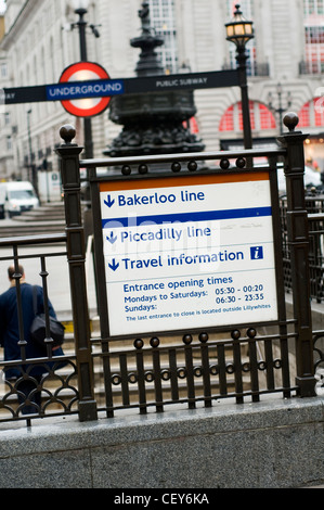 Signs outside the tube station at Piccadilly Circus in London, England, UK Stock Photo