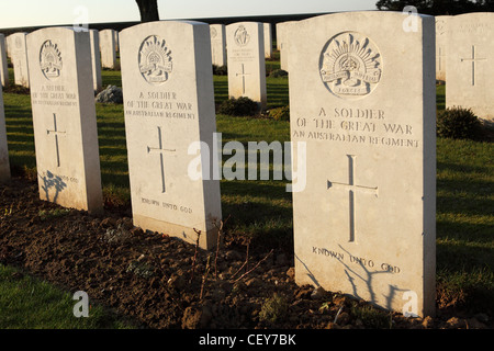 Headstones of unknown Australian soldiers at Cabaret-Rouge British Cemetery at Souchez, France. Stock Photo