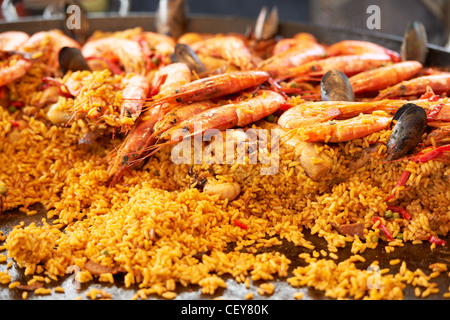 Spanish paella with shrimps on market of Provence, France Stock Photo