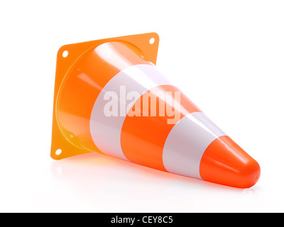 Fallen road warning cone shot on white background Stock Photo