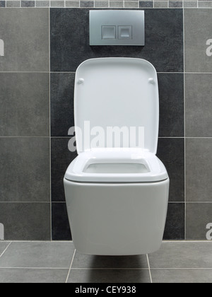 Wall mounted white ceramic toilet in gray tiled bathroom Stock Photo