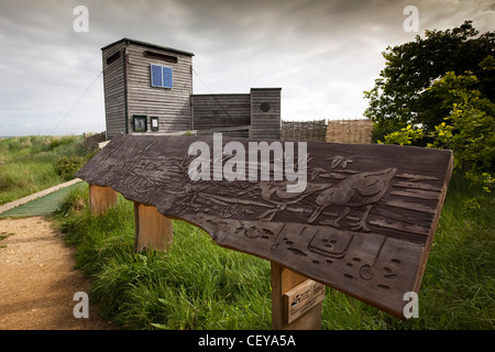 UK, England, Isle of Wight, Newtown, carved coastal birds wooden panel at harbour bird watching hide Stock Photo