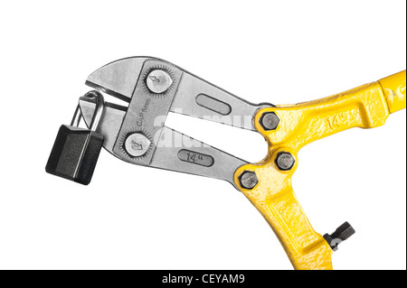 New, yellow bolt cutters with sharp pincers cutting a lock, isolated on white. Stock Photo