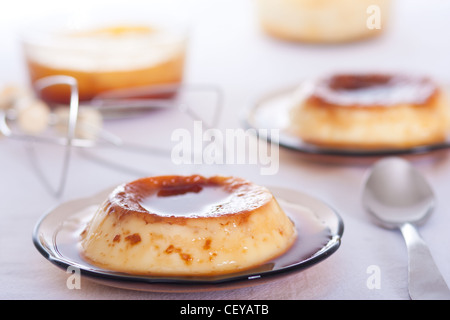 Flan: Sweet custard with a caramel topping. Pudding. Vanilla flavour.  Caramel, known as 'flan' in the US and Spanish. Stock Photo