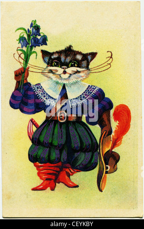 USSR - CIRCA 1989: Postcard shows draw by artist Gorobeyko - Puss in Boots with a bouquet of flowers, circa 1989 Stock Photo