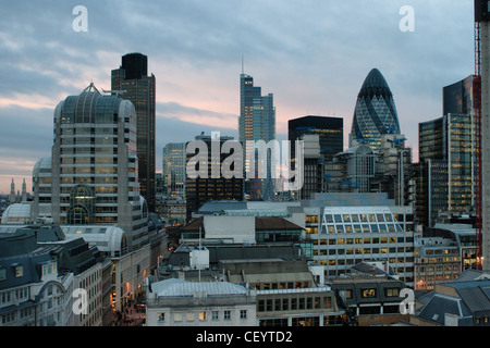 View of Londons Financial District from the Great Fire of London Monument at sunset Stock Photo