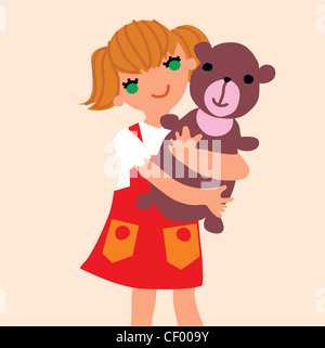 Illustration of female child fair hair tied into ponytails, wearing a white t shirt and short red dress, hugging a brown teddy Stock Photo