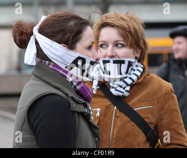 Young women seen during a protest against the Anti-Counterfeiting Trade Agreement (ACTA) in Leipzig, Germany. Stock Photo