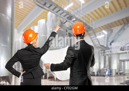 Architects holding blueprints and looking in a construction site Stock Photo