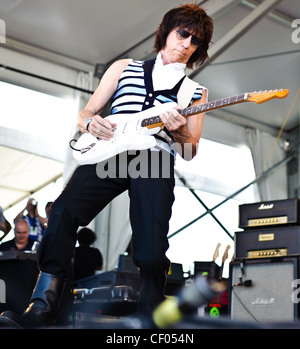 Jeff Beck playing with Jason Rebello on keyboards, Rhonda Smith on bass, and  Narada Michael Walden on drums at Jazz Fest 2011 in New Orleans, LA on day 1. Stock Photo