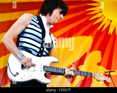 Jeff Beck playing with Jason Rebello on keyboards, Rhonda Smith on bass, and  Narada Michael Walden on drums at Jazz Fest 2011 in New Orleans, LA on day 1. Stock Photo