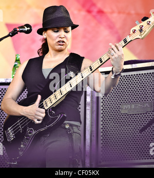 Jeff Beck playing with Jason Rebello on keyboards, Rhonda Smith on bass, and  Narada Michael Walden on drums at Jazz Fest 2011 in New Orleans, LA on day 1. Stock Photo