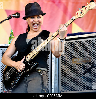 Jeff Beck playing with Jason Rebello on keyboards, Rhonda Smith on bass, and  Narada Michael Walden on drums at Jazz Fest 2011 in New Orleans, LA on day 1. Stock Photo