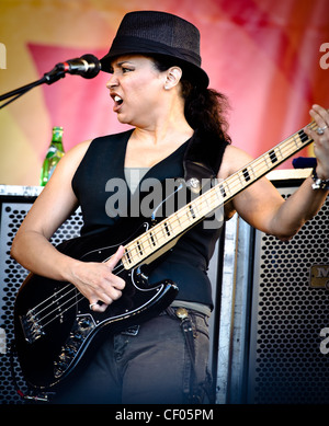 Jeff Beck playing with Jason Rebello on keyboards, Rhonda Smith on bass, and  Narada Michael Walden on drums at Jazz Fest 2011 in New Orleans, LA on day 1. Stock Photo