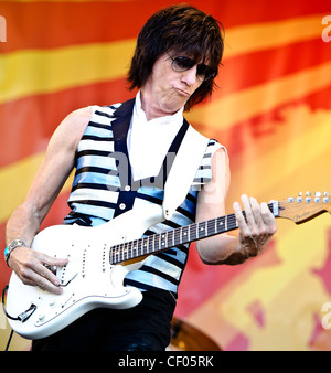 Jeff Beck playing with Jason Rebello on keyboards, Rhonda Smith on bass, and  Narada Michael Walden on drums at Jazz Fest 2011 in New Orleans, LA on day 1. Stock Photo