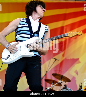 Jeff Beck playing with Jason Rebello on keyboards, Rhonda Smith on bass, and  Narada Michael Walden on drums at Jazz Fest 2011 in New Orleans, LA on day 1. Stock Photo