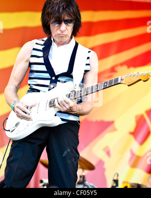 Jeff Beck playing with Jason Rebello on keyboards, Rhonda Smith on bass, and  Narada Michael Walden on drums at Jazz Fest 2011 in New Orleans, LA on day 1. Stock Photo