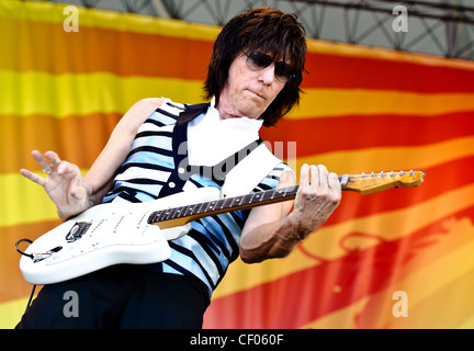 Jeff Beck playing with Jason Rebello on keyboards, Rhonda Smith on bass, and  Narada Michael Walden on drums at Jazz Fest 2011 in New Orleans, LA on day 1. Stock Photo