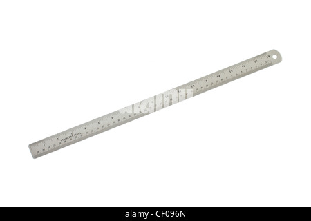 Stainless-steel ruler with etched markings scaled in 1/16' increments ruled in metric on the opposite edge on a white background Stock Photo