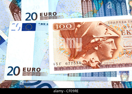 greek drachma and euro banknotes Stock Photo
