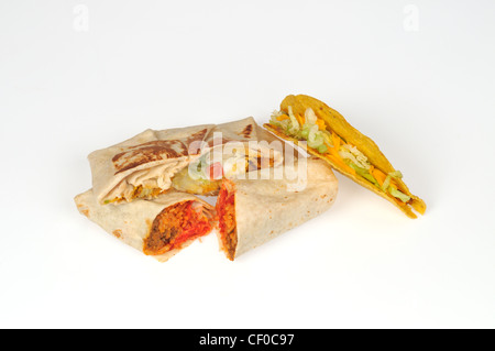 Taco Bell burrito, taco and crunchwrap supreme on white background cutout Stock Photo