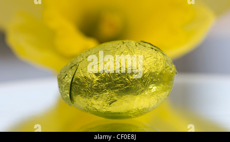 Coloured foil wrapped mini Easter eggs framed by a Daffodil Stock Photo