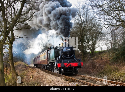 Ex-GWR Prairie Tank loco No 5199 pulls a train out of Leekbrook towards Cauldon Lowe on The Churnet Valley Railway. Stock Photo