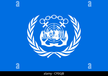 Flag with coat of arms of the International Maritime Organization IMO with seat in London. Stock Photo