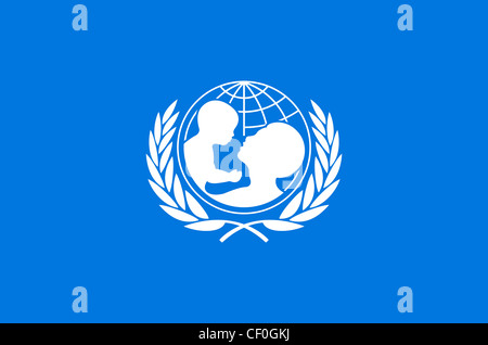 Flag with logo of the United Nations Childrens Emergency Fund UNICEF with seat in New York. Stock Photo