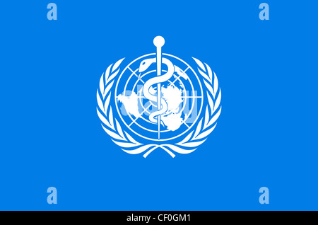 Flag with the logo of the World Health Organization WHO with seat in Geneva. Stock Photo