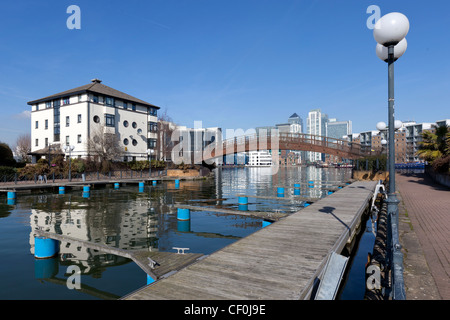 Clippers Quay marina, part of Millwall Outer Dock with Canary wharf in the background, Isle of Dogs, Tower Hamlets, London, UK. Stock Photo