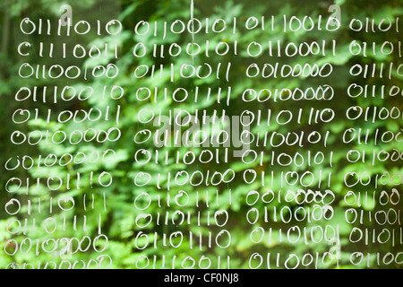 A display of binary code on a window representing artwork inside the Burrell Collection in Glasgow Scotland. Stock Photo