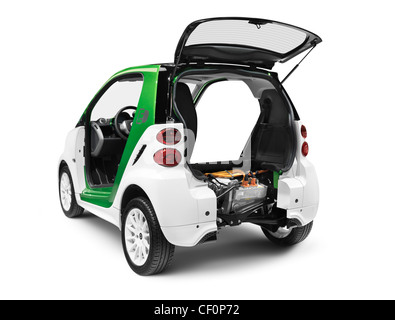 License available at MaximImages.com -  Smart ForTwo Electric Drive open from behind showing the battery and the electric motor isolated on white back Stock Photo