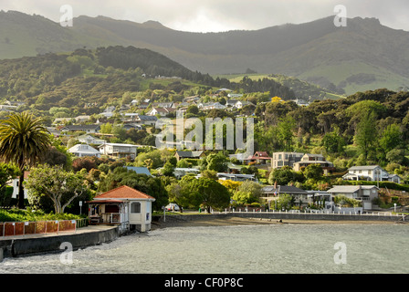 Akaroa is a village on Banks Peninsula in the Canterbury region of the South Island of New Zealand. Stock Photo