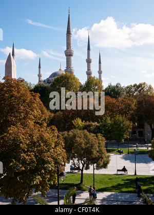 The Blue Mosque and Hippodrome viewed from the Islamic Arts Museum, Sultanahmet, Istanbul Stock Photo