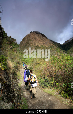 Adult tourists trekking up to Dead Woman Pass, Inca Trail, Cusco region, Peru, South America Stock Photo