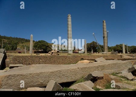 Stelae both standing and fallen at Axum or Aksum in Ethiopia Stock Photo