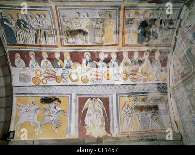 Spain. La Loma. Church of Saint Eulalia. Last Supper and scenes from the passion of Christ and life of St. Olalla. Fresco Stock Photo