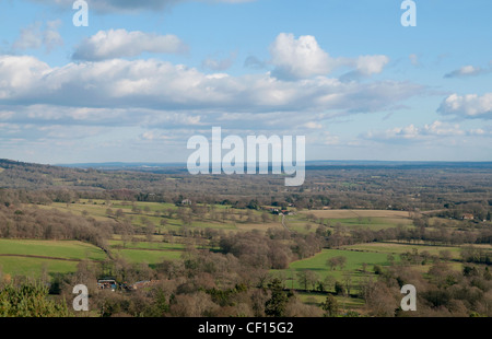 View over English countryside as seen from Pitch hill on Hurtwood common, Peaslake Surrey Stock Photo