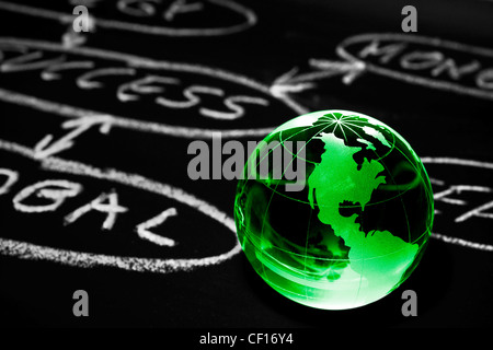 Flowchart on a chalk board with world globe showing America Stock Photo